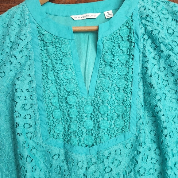 Isaac Mizrahi Live Cap Sleeve Top Women 1X teal torquise Boho lace overlay - Picture 4 of 11